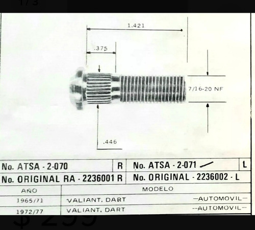 Birlo Para Rueda Trasera Izquierda Valiant,dart 65/77