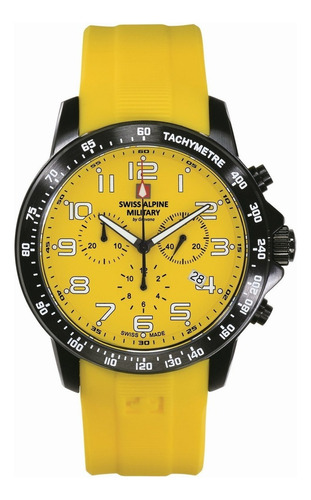Reloj Swiss Alpine Military Ranger Chrono 7064.9878sam Malla Amarillo Bisel Negro Fondo Amarillo