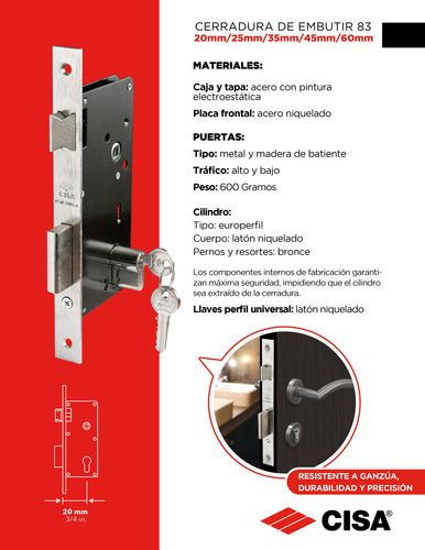 Imagen 3 de 8 de Cerradura Cisa Embutir 83 45mm + Manilla Visalock 2552