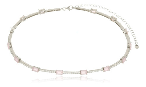 Gargantilha Chocker Turmalina Rosa Leitosa E Zirconias