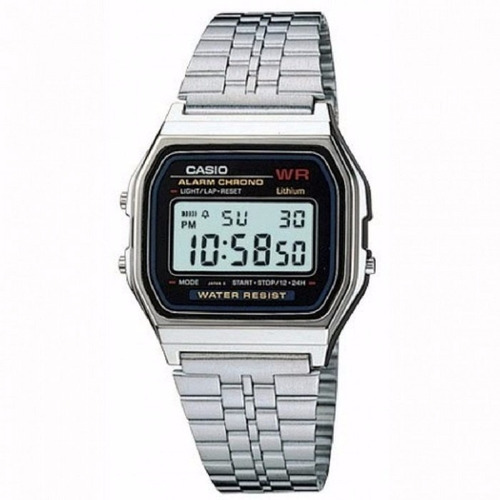 Reloj pulsera Casio Vintage 159wa de cuerpo color plateado, digital, fondo negro, con correa de acero inoxidable