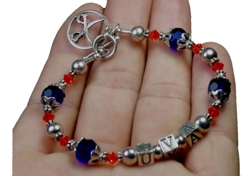 Pulsera Uva Con Chaquira Rojo Y Azul En Plata Ley 925