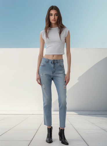 Pantalón Mom De Jean Rígido Con Roturas -miller-tiro Medio