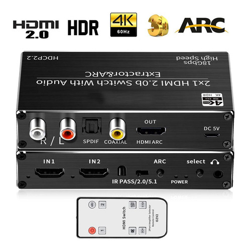 Switch Áudio Hdmi 2.0 4k 2 X 1 + Extrator E Arc De Áudio 