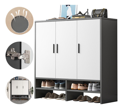 Zapatera Moderna Madera Entrada Gris 90cm 3puertas Capas Gris Oscuro