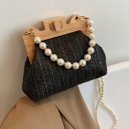 Bolso De Paja Con Cadena De Perlas, Bandolera De Madera Pear