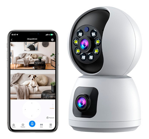  Camara Ip Wifi Doble Lente 360 Interior Sirenas Alarma Color Blanco