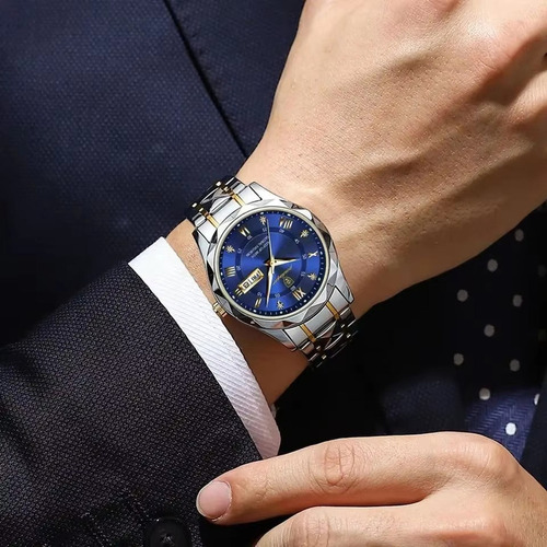 Reloj Poedagar 615 con calendario de cuarzo luminoso para hombre, plateado, dorado y azul