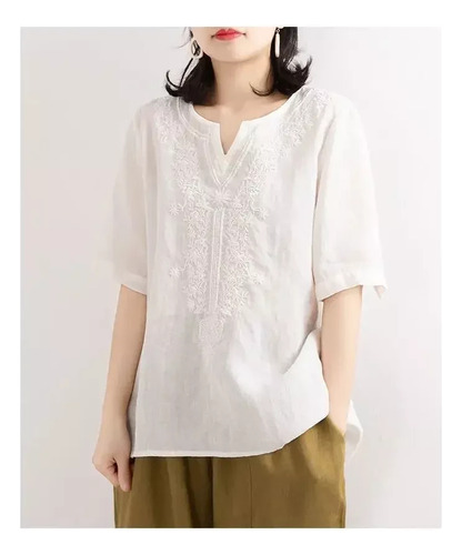 Blusa Bordada De Algodón Y Lino Con Cuello En V Para Mujer