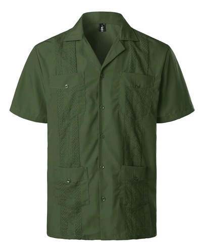 Camisa Cubana Plisada Con Bordado De Guayabera Para Hombre,