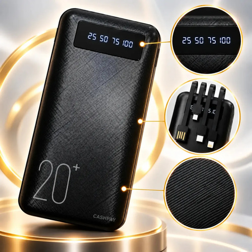 Power Bank 20000mAh Turbo Carga Rápida 4 Cabos Integrados Display Digital Lanterna LED Alça Carregador Portátil Proteção Sobrecarga Cashpay Para Celular Viagem Preto