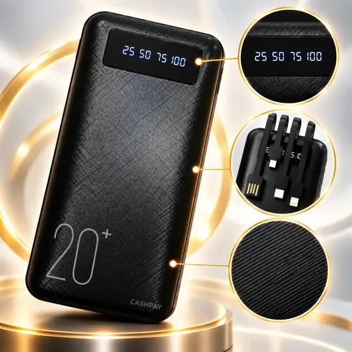 Power Bank 20000mAh Turbo Carga Rápida 4 Cabos Integrados Display Digital Lanterna LED Alça Carregador Portátil Proteção Sobrecarga Cashpay Para Celular Viagem Preto