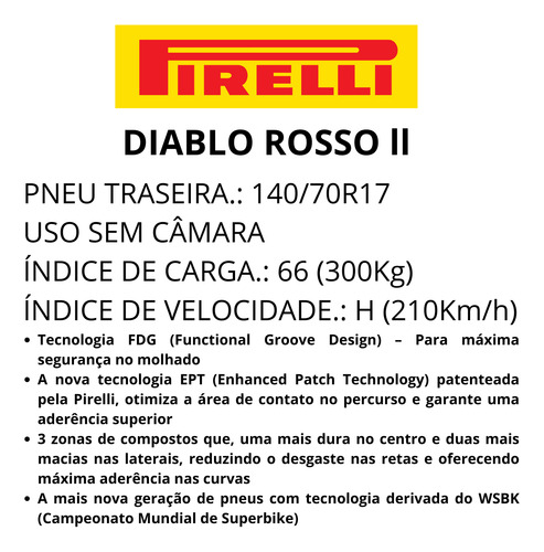 Pneu 140 70 R17 Traseiro Pirelli Diablo Rosso 2 Sem Câmara