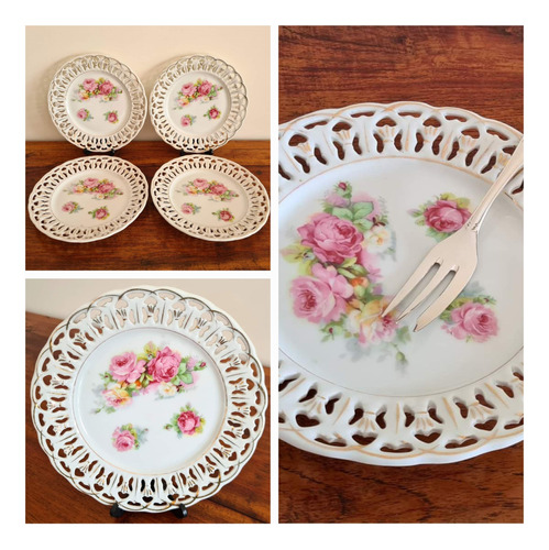 4 Platos En Porcelana Antiguo De Borde Calado