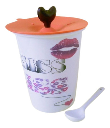 Caneca Copo Beijo Kiss Rosa C/ Colher Tampa Em Porcelana Nov