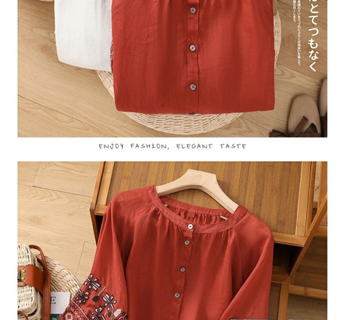 Blusa Bordada De Lino Y Algodón Con Mangas Tipo Farol