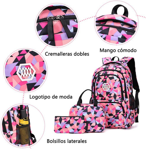 Mochila Set De 3 - Juego De Mochila Con Estampado Geométrico Color Rosa roja