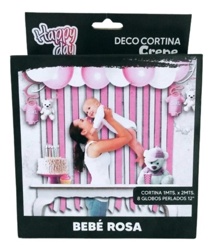 Kit Decoración Baby Shower Rosa Cortina + Globos Perlados