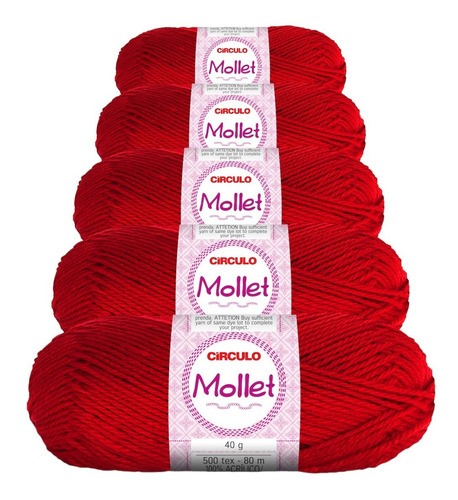 5 Novelos Lã Mollet 40g Crochê / Tricô - Círculo Cor 3635 - Vermelho Paixão