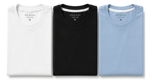 Kit 3 Camiseta Básica Ogochi Masculina Slim Original Algodão Preta | Branca | Azul Lisa M Liso
