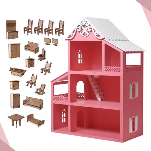 Casa Casinha Da Barbie + Garagem em Mdf Cru Com 22 Móveis Cru