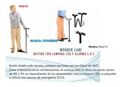 Bastón Plegable Con Lámpara Led Y Alarma Sos Base 360 Grados