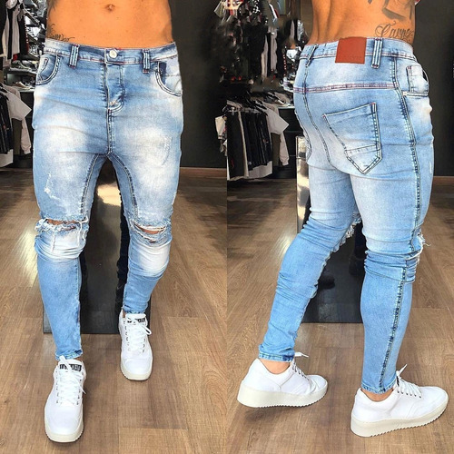 calça jeans rasgado no joelho masculino