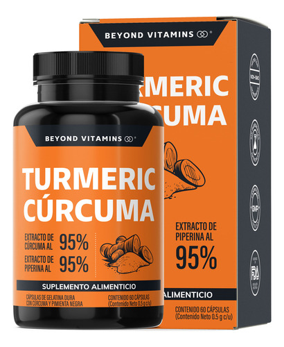 Turmeric Cúrcuma Con Extracto Al 95% + Pimienta Negra Al 95% Beyond Vitamins | Sin Sabor | Suplemento Alimenticio | 60 Cápsulas