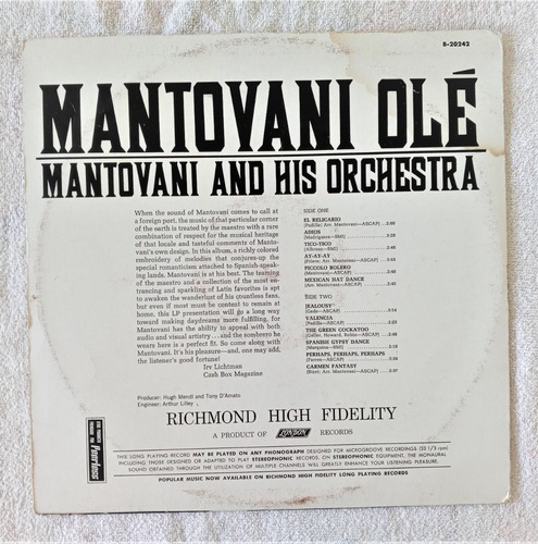 Mantovani Lp Ole Musica De Toros Tauromaquia (Usado)