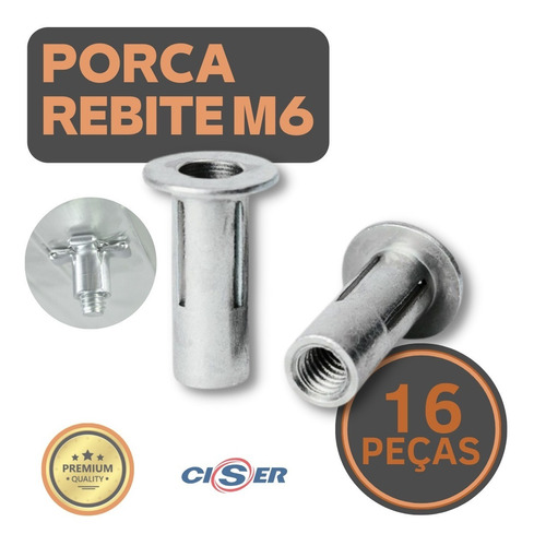 Porca Rebite Nut M06 P/chapa Com Rosca 16 Peças