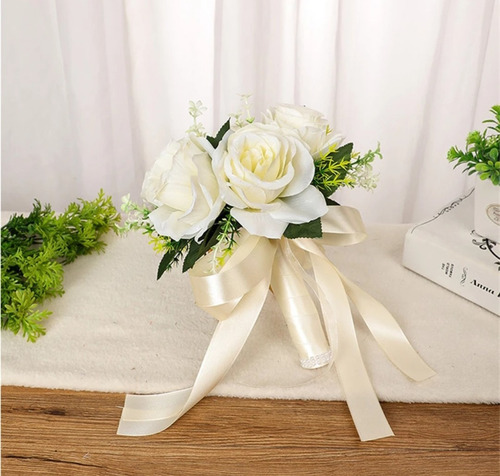 Ramo De Novia Para Boda Rosas Artificiales Elegantes Blanco Blanco