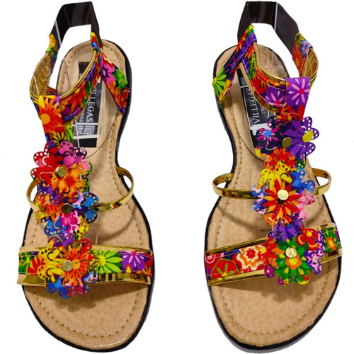 Huarache Dorado Colores Flor Con Resorte Combinable Ligero