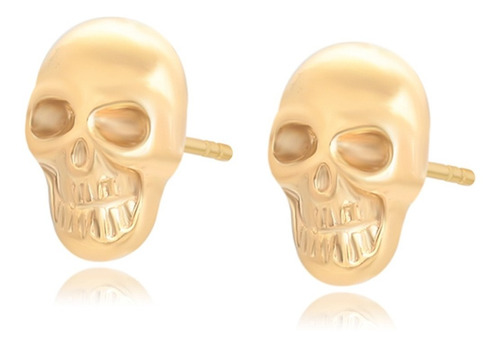 Arete Oro 14k Laminado Calavera Punk Biker Broquel Chico 7mm