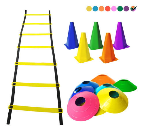 Kit Funcional Treino Agilidade 5 Cones + 5 Pratos + Escada