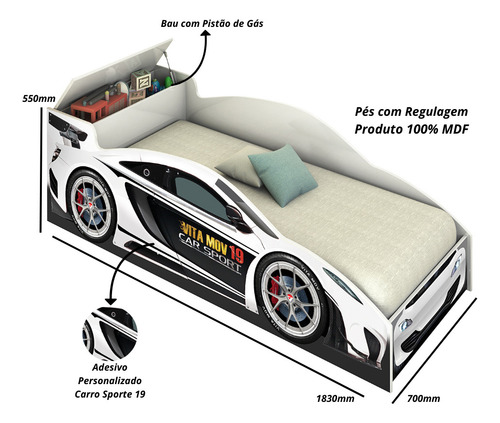 Mini Cama Carro Infantil Speed Branco Juvenil Com Baú