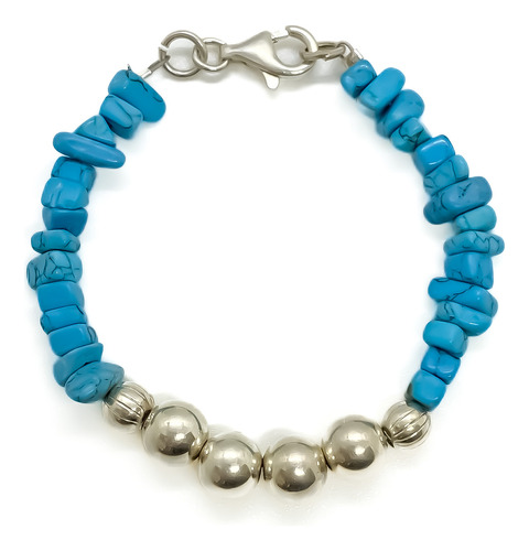 Pulsera Piedras Turquesas Y Bolitas De Plata 925 17cm 