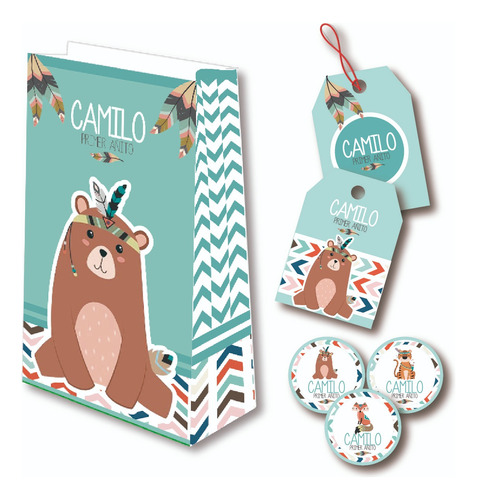 Imprimible Candy Bar Animalito Boho Nordico Primer Año Osito