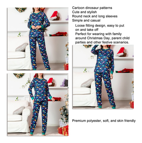 Pijama Familiar Navideño Redondo Con Estampado De Dinosaurio