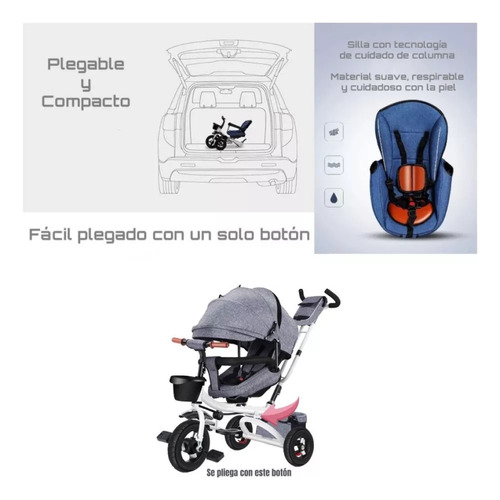 Triciclo Niños Plegable Con Canasto 360° Gris Netsys