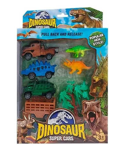 Set Dinosaurios Con Vehiculos Pull Back Y Accesorios