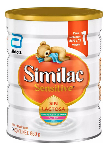 Leche de fórmula en polvo Abbott Similac Sensitive sin Lactosa en lata de 1 de 850g - 0  a 12 meses