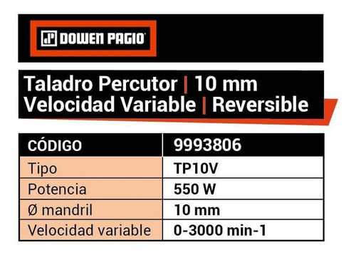 Imagen 5 de 9 de Taladro Percutor 10mm Vel Variable 550 W Dowen Pagio 9993806