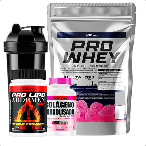 Whey Protein 1kg + Colágeno Cápsulas + Termogenico + Sabor Morango