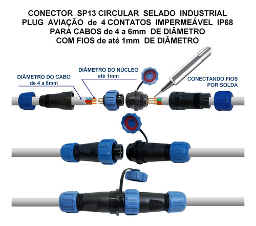 100x Conector 4 Vias Pinos Contatos Sp13 Plugue Ip68 Docking