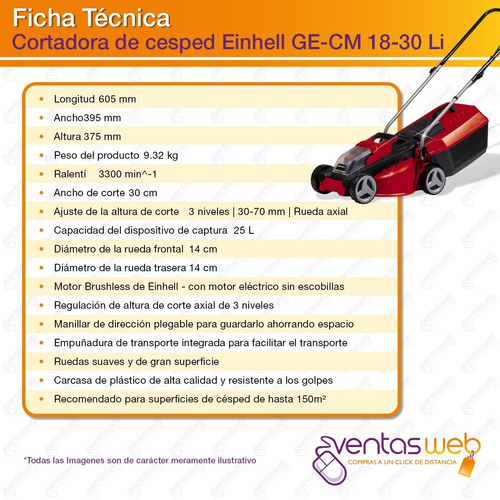 Imagen 6 de 7 de Cortadora De Cesped Inalambrica Sola Einhell 3 Niveles De Corte Hasta 150 M2