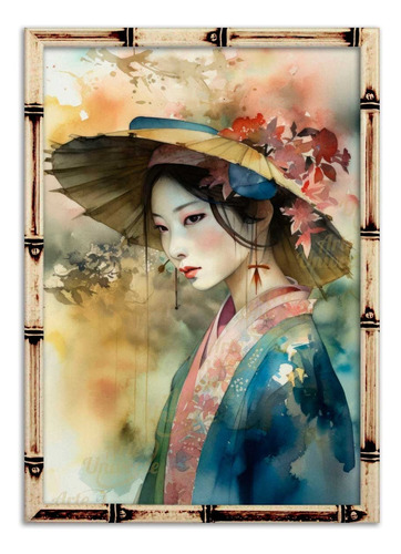 Quadro Decorativo Geisha Japonês Moldura Bambu 45x63cm A2 Cor Colorido Cor da armação Branco