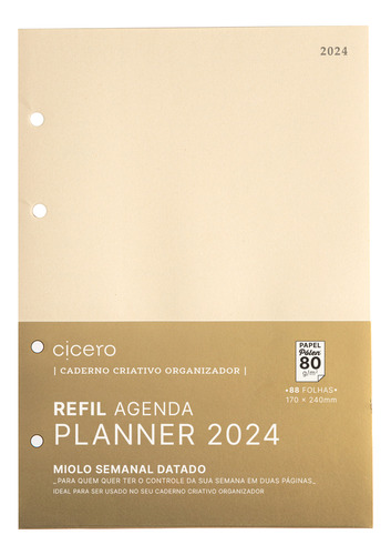 Refil Agenda Semanal 2024 Cicero Caderno Argolado 17x24 88fl