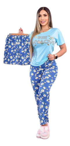 Pijama Mujer - Camiseta + Pantalón + Short - Estampadas