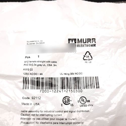 Murr Elektronik 7000-12241-2150300 Connection Cable, 5-p Ssb