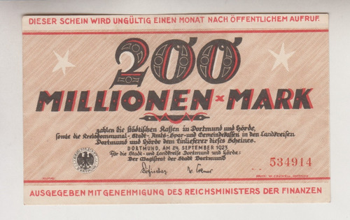 Billete Alemania 200 Millones Mark 1923 Ciudad Dortmun (c85)